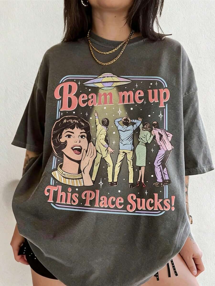 Beam Me Up This Place Sucks Shirt Comfort, Trending Movie ST5 T Shirt, Space Humor Tee, Alien Ufo Retro Quote - màu đen - Xem 1