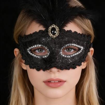 1pc Feather Masquerade Mask, Half Face Lace Mask, Artificial Feather Personalized Mask, Suitable As Exquisite Ladies' Gift, Applicable For Party Decoration And Photography Props, (Fabric Pattern Random)