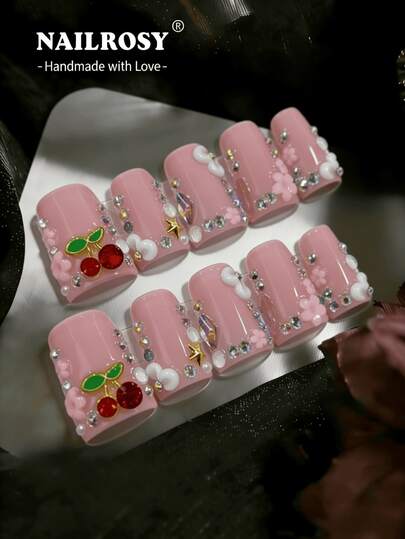 nailrosy 10pcs Green Blue White Floral Gift Box Included Handmade Dopamine Press On Nails -3D Y2K Duck Bill Style, Reusable Fake Nails,Rhinestones | Bling Colorful French TipsCute Nails |Gift For Her, Essential Nails, Daily Nails, Handmade Press On Nails