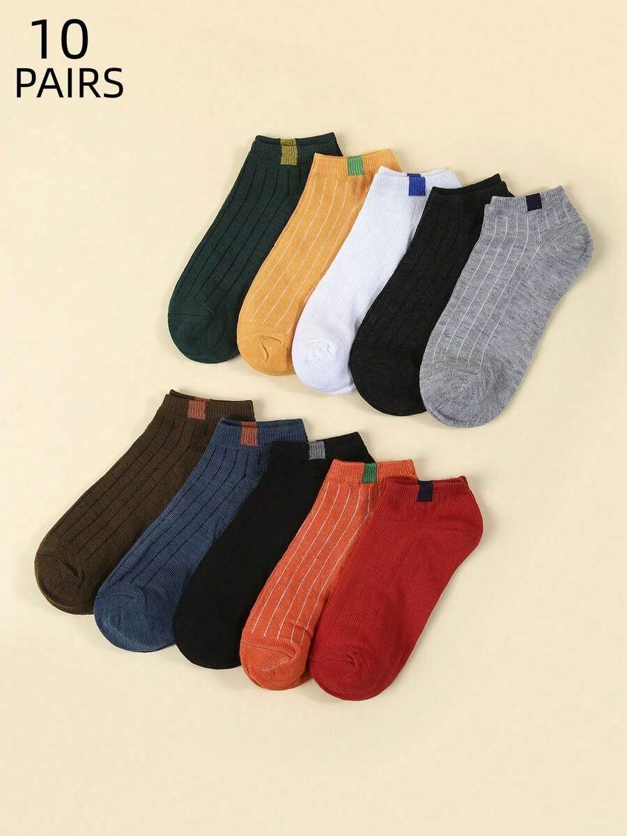 10 Pairs Shallow Mouth Fabric Label Vertical Stripe Women's Ankle Socks, Spring/Summer - Multicolor - View 1