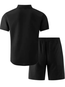 Bộ đồ nam 2 món, áo sơ mi tay ngắn cổ bẻ một hàng khuy màu trơn thời trang có túi + quần short cạp chun, trang phục thường ngày mùa hè, quà tặng ngày Valentine. - màu đen - Xem 3