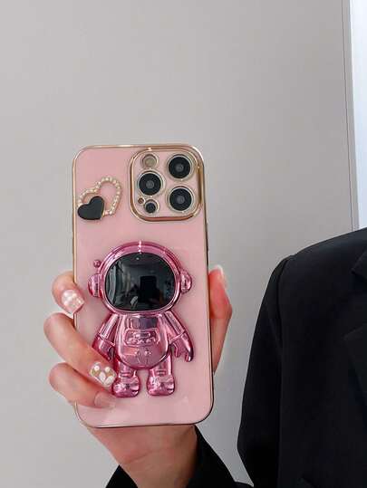 Serie Astronauta Estuche de teléfono antideslizante chapado + Soporte oculto chapado + Juego de estuche de teléfono completo, compatible con Apple 17/16/15/11/12/13/14/16 Pro Max/17 Pro Max, S26U/S26/S22/23/24+, 13C/Note 14 Pro Plus