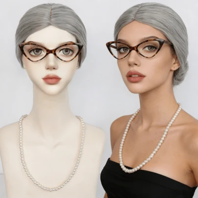 Vintage Grandma Gray Middle Part Short Straight Wig With Leopard Print Glasses & Long Pearl Necklace Set, Halloween Cosplay Elderly Role Play Party Costume Prop