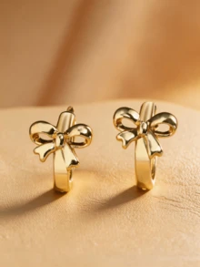 2pcs Cute Bow Hoop Earrings, Gold Plated Earrings, Jewelry Gift For Birthday, Thanksgiving, Graduation - Gold - View 2