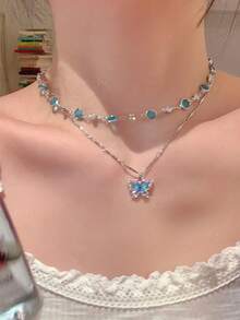 2Pcs/Set Fashionable And Elegant Double-Layer Butterfly Pendant Necklace, Exquisite Luxury Sweet Collarbone Necklace, Women's Everyday Casual Accessory, Holiday Jewelry Gift - Necklace - View 1