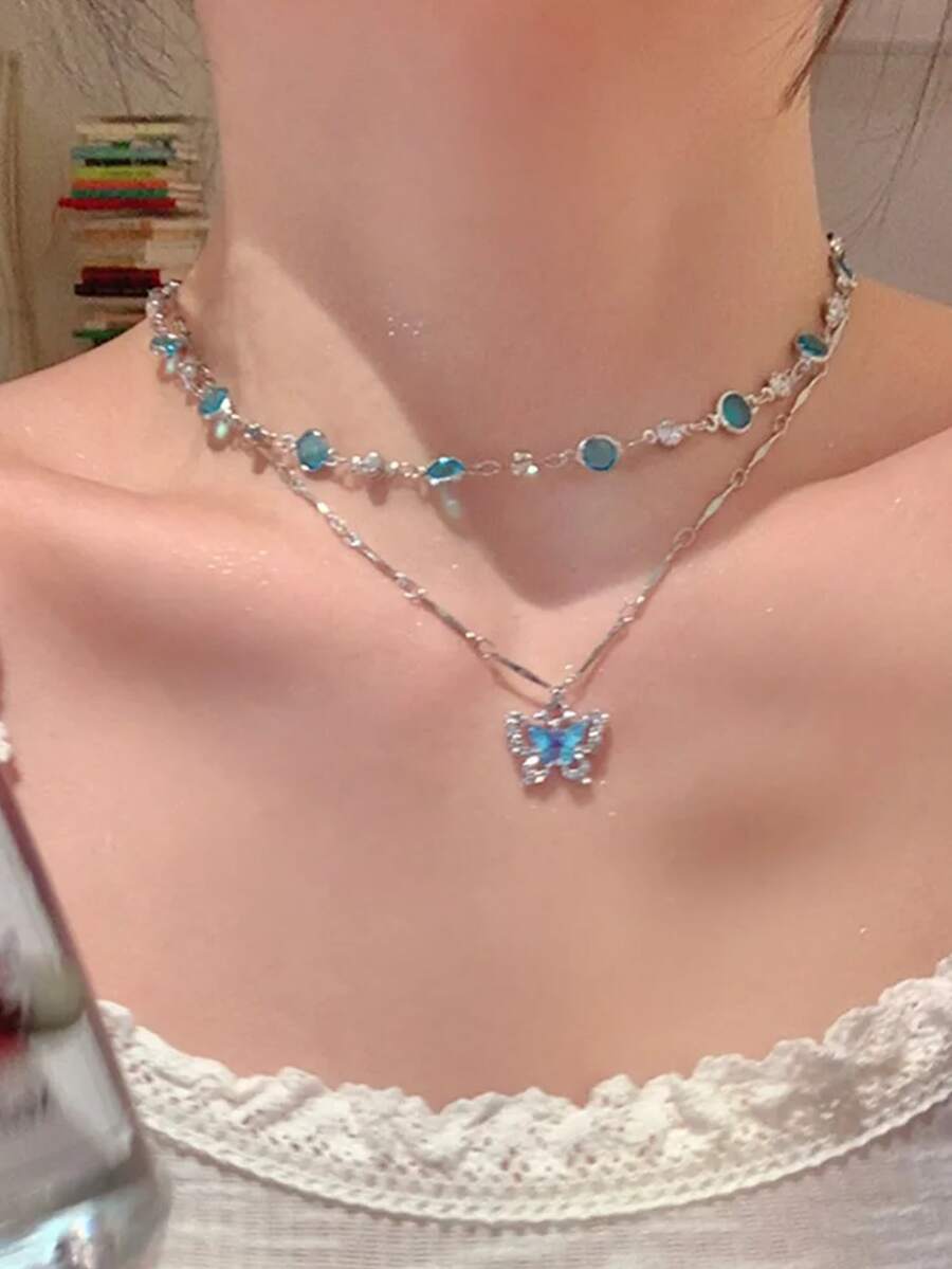 2Pcs/Set Fashionable And Elegant Double-Layer Butterfly Pendant Necklace, Exquisite Luxury Sweet Collarbone Necklace, Women's Everyday Casual Accessory, Holiday Jewelry Gift - Necklace - View 1