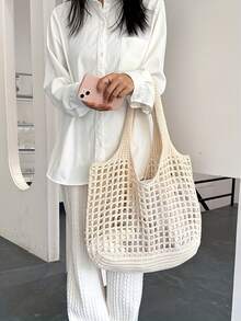 2026 Back To School Season, Plus Size Women Handbag, Women Knitted Shoulder Bag, Vintage Hollow Out Woven Large Capacity Floral Decor Tote Bag, Crochet Bag, Women Crochet Bag, Summer Beach Tote Bag , Beach Bag[US-Based Shipping]Spring Outfit Ideas, Valentine's Day Gifts, Gifts For Women, Gifts For Girls. - 杏色 - 查看 5