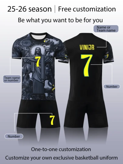 2pcs Set Fully Allover Print Black God Master Burning Flower Boys' Football Suit, Customized Name & Number/Club Bestseller Jersey, #7 Print Sports Player Same Style Suit, Short Sleeve Shorts Set, Suitable For Boys Girls Sports Wear, Cycling, Outdoor Running, Football, Celebrity Same Style Suit
