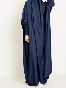 1pc Women Hijab Long Gigot Sleeve Hooded Cloak (Abaya) Daily Under Cap, Modest Eid Spring - 10# Navy Blue - View 3