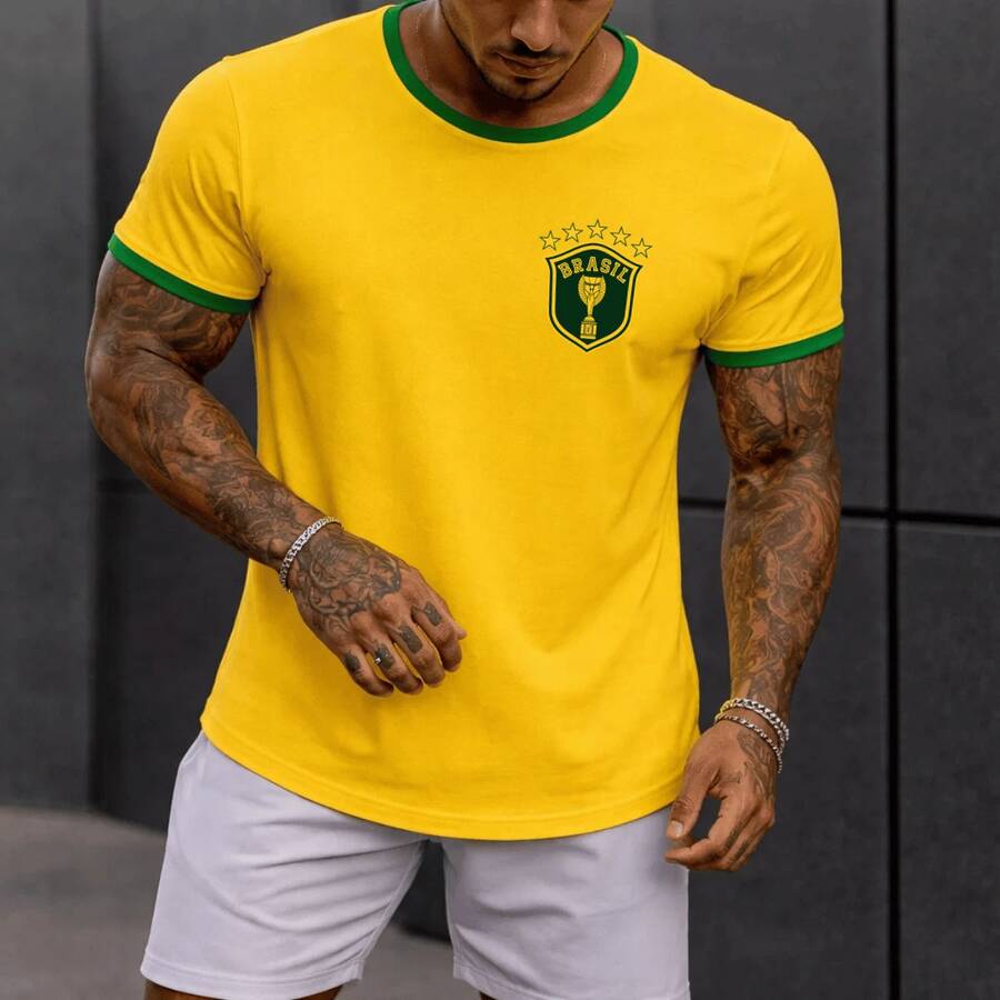 Men's Printed T-Shirt Brazil World Cup 100% Brazilian Cotton Shirt Blouse Emblem - 黃色和綠色 - 查看 1