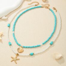 2pcs Bohemian Style Ocean Themed Jewelry Set - Turquoise Blue Pendant Necklace And Choker Necklace, Handmade Alloy Artificial Starfish Shaped Ocean Theme Beaded Bracelet, Suitable For Beach Wedding, Party And Daily Wear - Multicolor - View 8