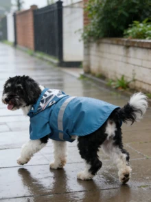 带帽防水狗狗雨衣，配有透明帽檐和反光条，可爱鸭子、青蛙、鲨鱼图案，适合户外散步和雨天穿着。 - 彩色 - 查看 6