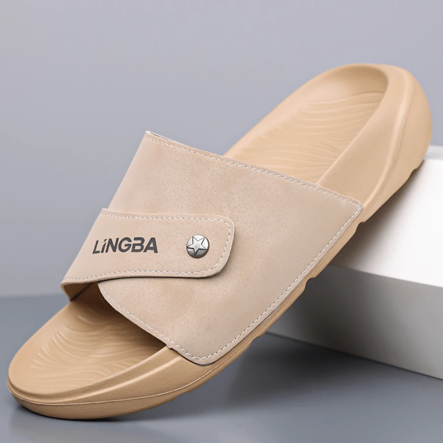 Stylish Men's Open-Toe Slides With Dual-Strap Design And Textured Sole For Secure Fit In Home Or Lounge Settings - Apricot - View 1