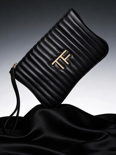 Tom Ford Black Material Cosmetic Bag. Makeup Pouch With Elegant Long Wrist Strap. Refined Striped Storage Bag. Customizable.
