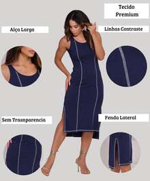 Black And Caramel Lined Tank Top Midi Dress - Perfect Fit, Elegant And Comfortable, Suitable For Casual Or Formal Wear - 藏蓝色 - 查看 5