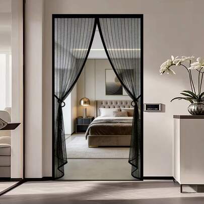 1件装夏季磁性纱门升级版，可折叠，黑色条纹，透气防蚊，时尚简约设计，磁性柔软网纱帘，适用于多种场景，[附带收纳挂钩]