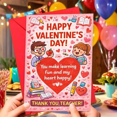 1pc Romantic Valentine's Day Card, "You Make Learning Fun And My Heart Happy! THANK YOU, TEACHER!", Featuring Heart And Learning-Themed Designs, Perfect For Teachers. Creative Card With Sturdy And Durable Paper, Vibrant Printed Colors. Includes 1