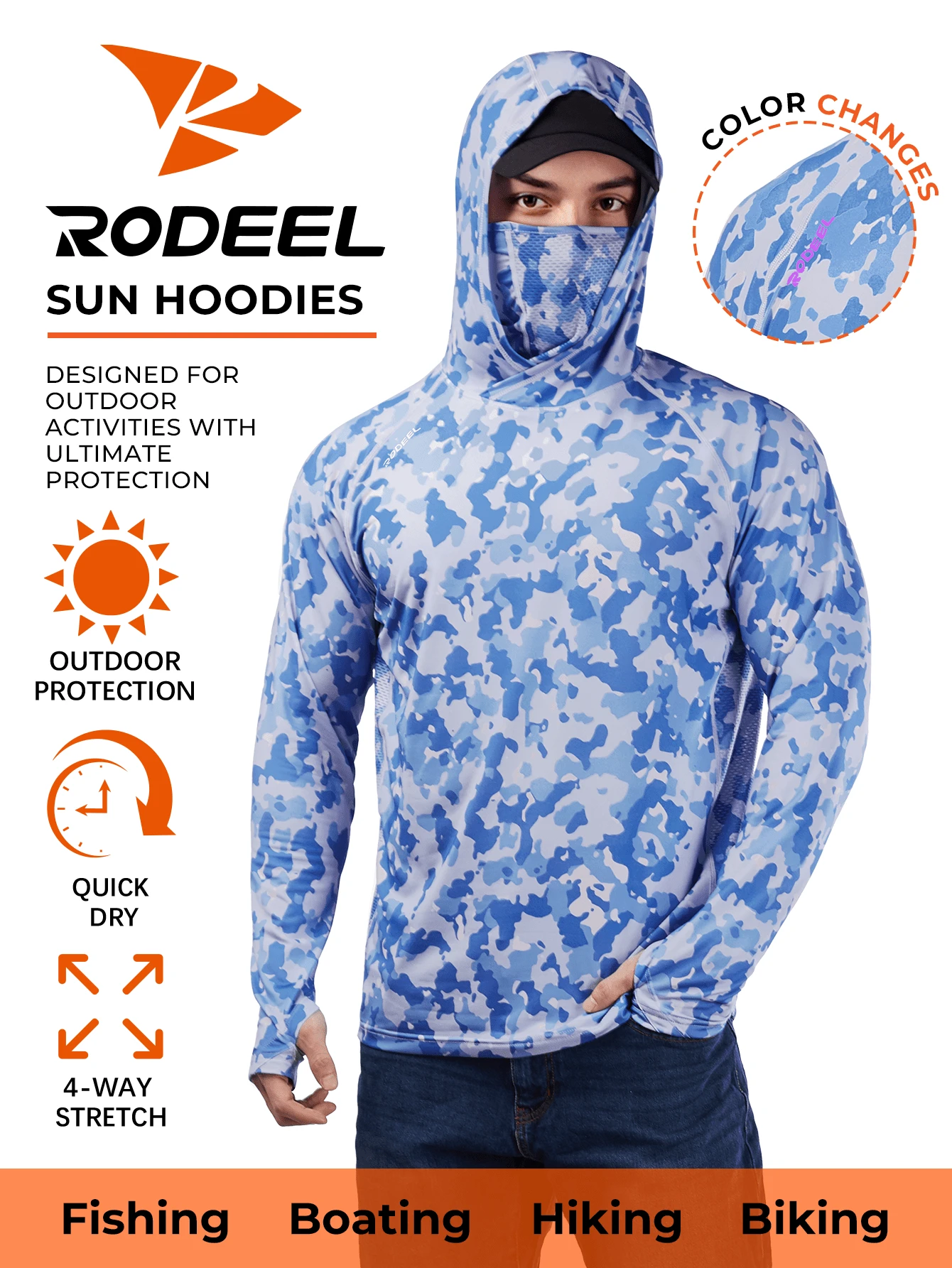 RODEEL 男士連帽衛衣附面罩-柔軟輕盈-適合戶外釣魚、划船、徒步、屋頂工程、木工、建築與景觀園藝 - 藍白色 - 查看 1