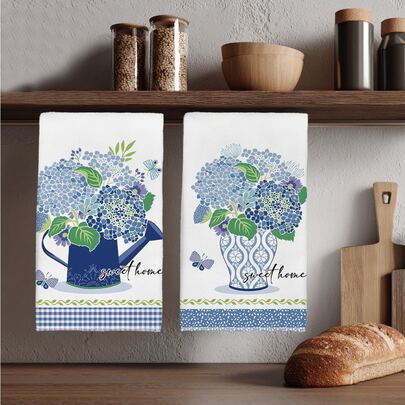 2pcs Minimalist Blue Hydrangea Pattern Kitchen Towels, Soft Polyester Material Dish Cloths, Suitable For Kitchen Decor, Cleaning, Holiday Party Decoration, Kitchen & Bathroom Essentials, Home Decor, Housewarming Gift