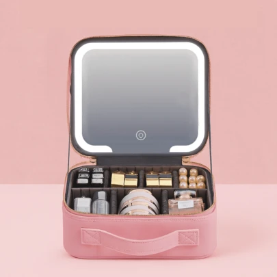 EOLOVA 3-Level Adjustable Brightness LED Cosmetic Bag, Large Capacity Portable Makeup Organizer With Adjustable Dividers, Suitable For Home, Travel And Hotel Use