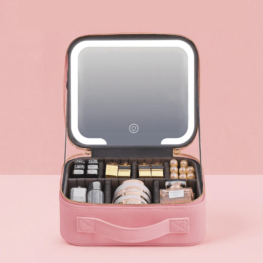 EOLOVA 3-Level Adjustable Brightness LED Cosmetic Bag, Large Capacity Portable Makeup Organizer With Adjustable Dividers, Suitable For Home, Travel And Hotel Use