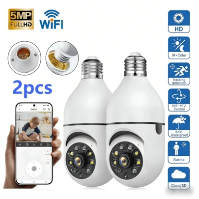 2NLF 2pcs Cámara de Vigilancia WiFi 5MP, Visión Nocturna, Detección de Movimiento, Seguimiento Auto, Dos Vías Audio, PTZ 360°, IP66 Impermeable, Instalación E27, Almacenamiento SD/Nube, Interior y Exterior, Hogar Oficina, App Eseecloud, Manual Español