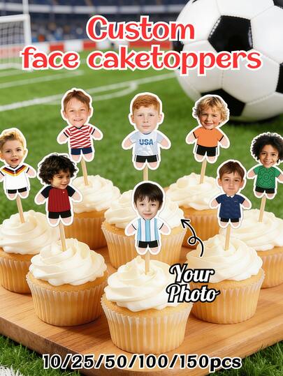 10/25/50/100/150 piezas Decoración personalizada de cupcakes con rostro, rostro personalizado, decoración de cupcakes con forma de rostro personalizado para cumpleaños, recuerdos deportivos, decoraciones de cumpleaños con temática deportiva, decoración de cumpleaños, decoración de fiesta, decoración personalizada