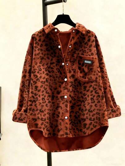Leopard Print Corduroy Front Button Patch Pocket Shirt