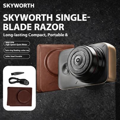  SKYWORTH Metz Single-Blade Rotary Electric Shaver – 15 Replaceable Blades, 0.1mm Floating Foil, Ultra-Thin Comfort Fit, 50% Efficiency Boost, IPX7 Waterproof, Compact Aluminum Body, Travel-Friendly, Includes Leather Case, Nose Hair Trimmer, USB Charging.