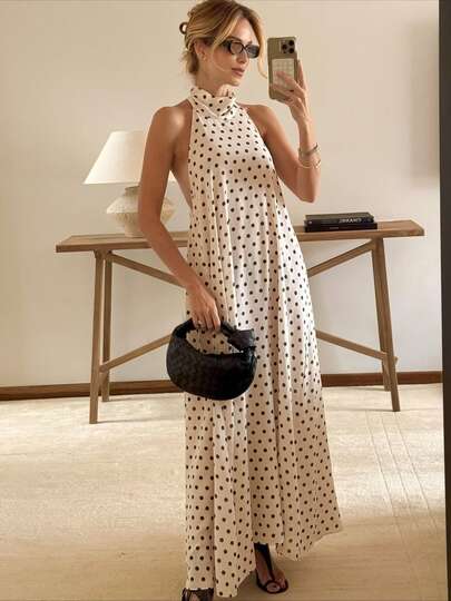 Vestido sin mangas de lunares beige para mujer, vestido casual y fluido para el verano y la playa