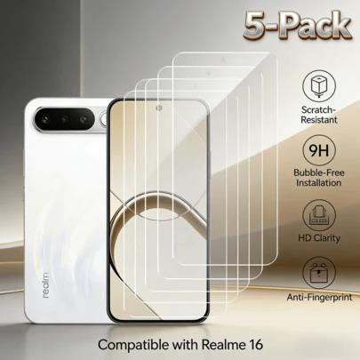 五片高清透明手机屏幕保护膜，适用于 16、C85、Narzo 90、GT 8、15T、15 Lite、15、P4 Lite。钢化玻璃膜，全覆盖，支持指纹解锁，光滑无阻，无需手部切割，绿色。