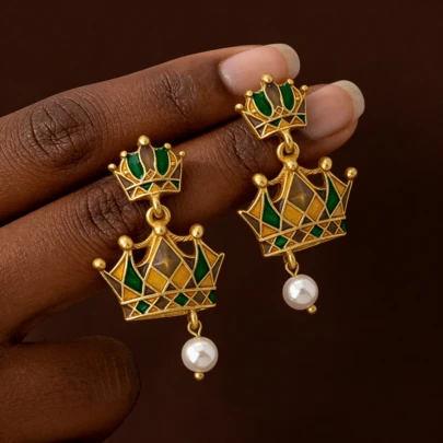 1 Pair Crown & Pearl Enamel Jewelry, Holiday Gift Earrings