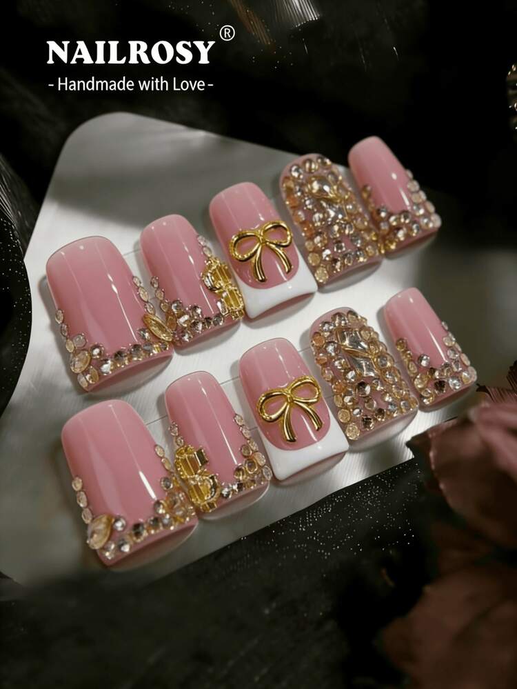 nailrosy 10pcs Multicolor Handmade Dopamine Press On Nails -3D Y2K Duck Bill Style, Reusable Fake Nails,Rhinestones | Bling Colorful French Tips - Pink - View 1