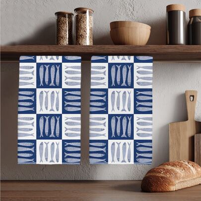 2 minimalistyczne, niebiesko-białe ściereczki kuchenne z wzorem ryb, miękkie ściereczki poliestrowe, odpowiednie do dekoracji kuchni, sprzątania, dekoracji świątecznych, artykułów kuchennych i łazienkowych, wystroju wnętrz, prezentu na parapetówkę