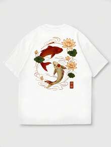 Fractyr Men's Summer Fashion Minimalist Street Carp Element Print Round Neck Short Sleeve T-Shirt | All-Match Street Casual Tee, Boyfriend/Husband Gift - White - View 4