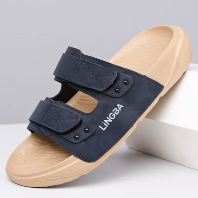 Men's Adjustable Strap Slide Sandals With Dual Hook-And-Loop Closures, Lightweight Comfort Sole For Casual Wear And Outdoor Use