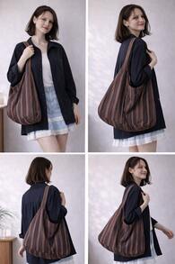 BOLSO TOTE RAYADO MARRON GRANDE DE TELA 70CM - Azul - Ver 4