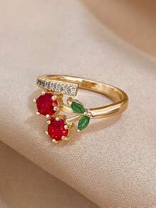 1pc Cherry Adjustable Ring, Gift For Girls, Moms, Teachers, Essential For Boho Summer Beach Travel Party, Suitable For Carnival/Ball/Party/Daily Wear, Golden Jewelry, Back To School Gift, Birthday Gift - Multicolor - View 7