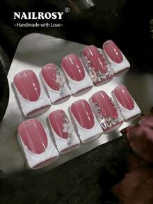 NAILROSY品牌10片装棺材形3D立体雕刻手工美甲贴纸，纯白、裸色、透明色可选，适合日常通勤，2026春季新品，奢华婚礼定制生日礼物，专业沙龙级手工制作，优雅设计，色彩靓丽，按压式美甲贴片 - 粉色 - 查看 11