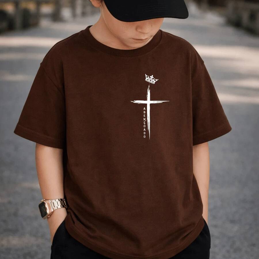Children's And Youth T-Shirt 100% Premium Cotton, Personalized Unisex,  Cross Crown Blouse - 鏽棕色 - 查看 1