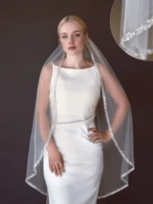 1 pieza Velo de novia hecho a mano con cuentas y lentejuelas, longitud hasta los dedos de tul blanco suave, adecuado para bodas, fotografía de bodas, despedida de soltera, incluye peine de metal para el cabello - V282 - Ver 2