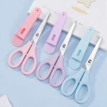 Tri-Color Stainless Steel Scissors With Rounded Tips – Stainless Steel Blades With A Protective Cover. Portable Multi-Purpose Scissors In Pink, Purple, And Light Blue. Ergonomic Design Suitable For Office, School, Home, And Art Projects. Cuts Fabric, Paper, And Metal Wire. Decorative And Lightweight. - Multicolor - View 2