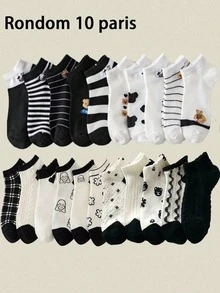 10 Pairs Random Cartoon Bear & Cow Print Shallow Women Ankle Socks, Spring/Summer - Multicolor - View 1