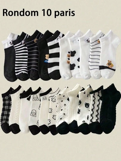 10 Pairs Random Cartoon Bear & Cow Print Shallow Women Ankle Socks, Spring/Summer