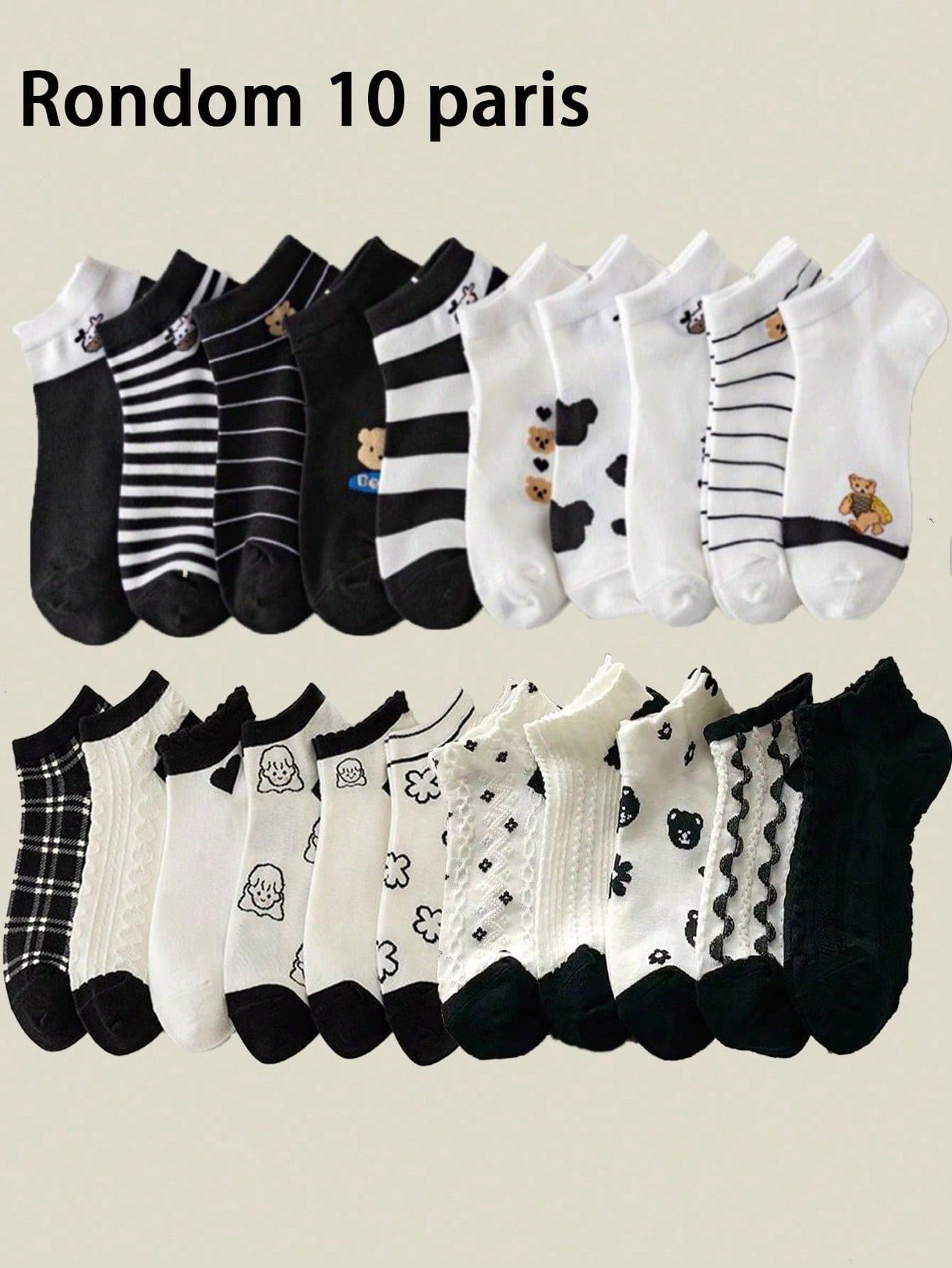10 Pairs Random Cartoon Bear & Cow Print Shallow Women Ankle Socks, Spring/Summer - Multicolor - View 1