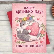 1张可爱猫咪拥抱爱心母亲节贺卡 | “我爱你这么多”贺卡，带邀请函口袋，送给母亲的完美礼物，纸质 - 多色 - 查看 4