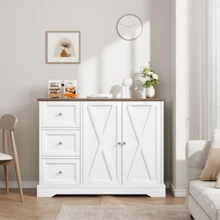 Aparador moderno de estilo rústico de 105 cm con cajones, estantes y puertas, estación de café de madera y armario de almacenamiento para cocina y comedor. - Blanco - Ver 1