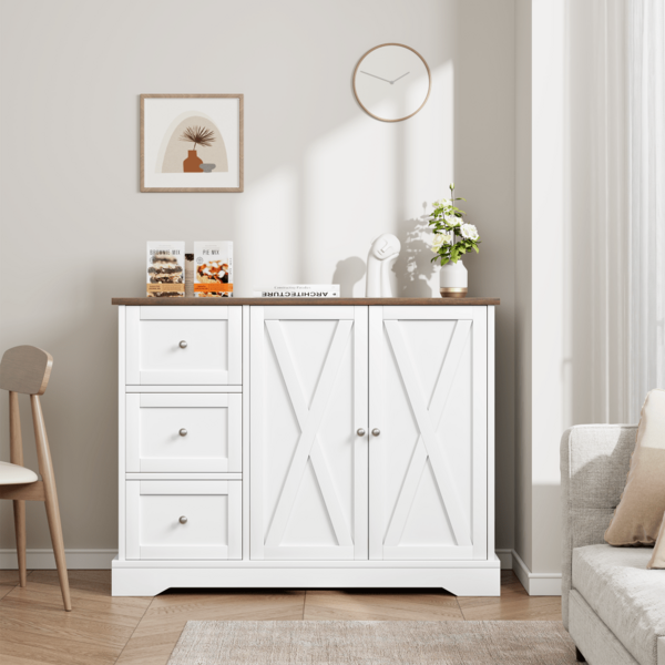 Aparador moderno de estilo rústico de 105 cm con cajones, estantes y puertas, estación de café de madera y armario de almacenamiento para cocina y comedor.