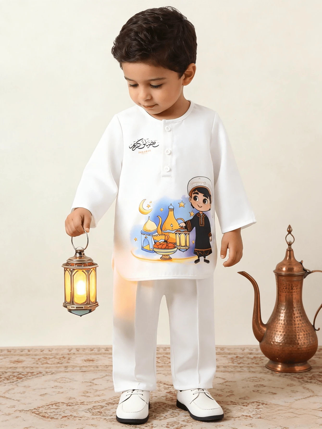 斋月限量版春季新款白色长袖两件套男婴服装，卡通印花男婴传统节日套装 - 白色 - 查看 1