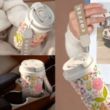 1pc/18oz Floral Insulated Coffee Mug With Handle, 24hrs Ice/12hrs Hot Leak-Proof Thermal Tumbler, Cream Color Travel Cup Suitable For Office, Commute And Outdoor Picnic, Great Gift For Women, Ladies And Students - Multicolor - View 4